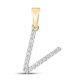 14K Yellow Gold Round Diamond V Initial Letter Pendant 1/8 Cttw - Splendid Jewellery