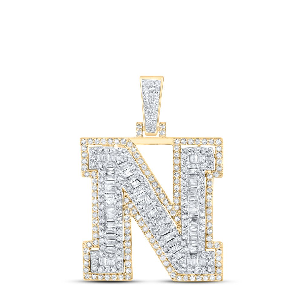 10K Yellow Gold Baguette Diamond P1 Initial "N" Charm Pendant 1 Cttw - Splendid Jewellery