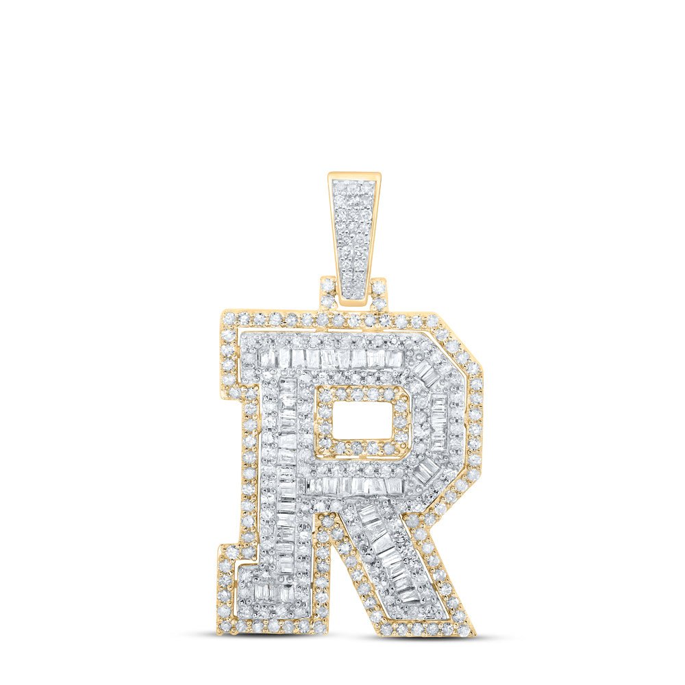 10K Yellow Gold Baguette Diamond P1 Initial "R" Charm Pendant 7/8 Cttw - Splendid Jewellery