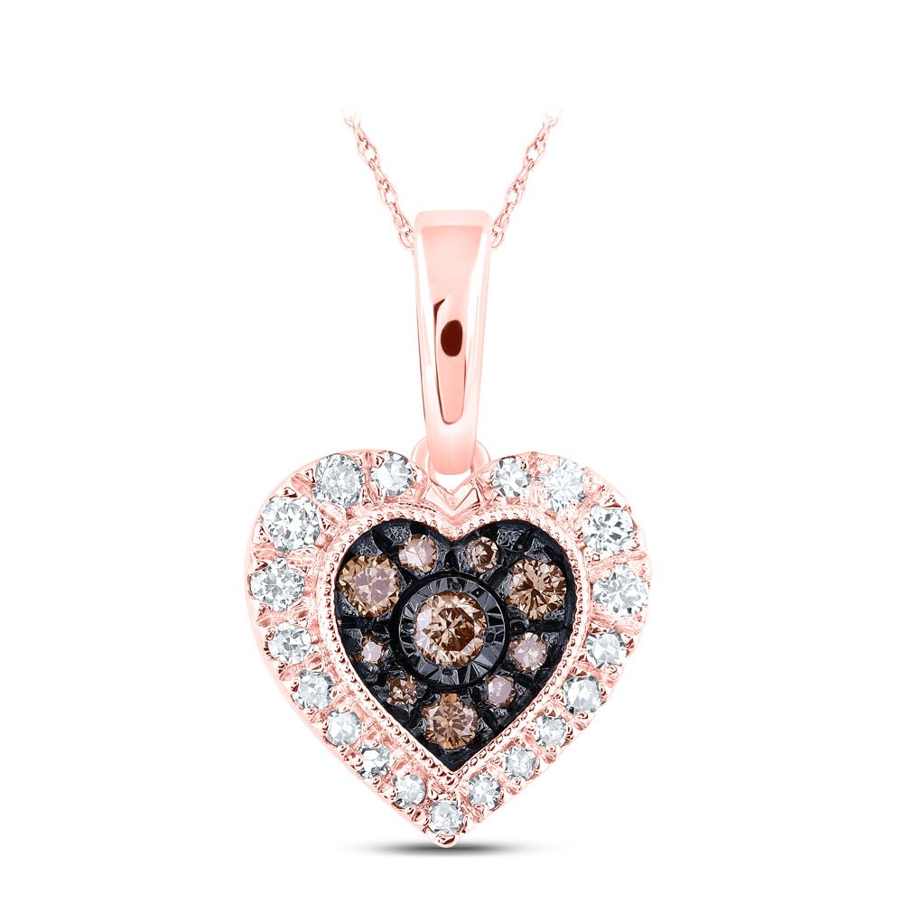 10K Rose Gold Round Brown Diamond Cognac Heart Pendant 1/4 Cttw - Splendid Jewellery