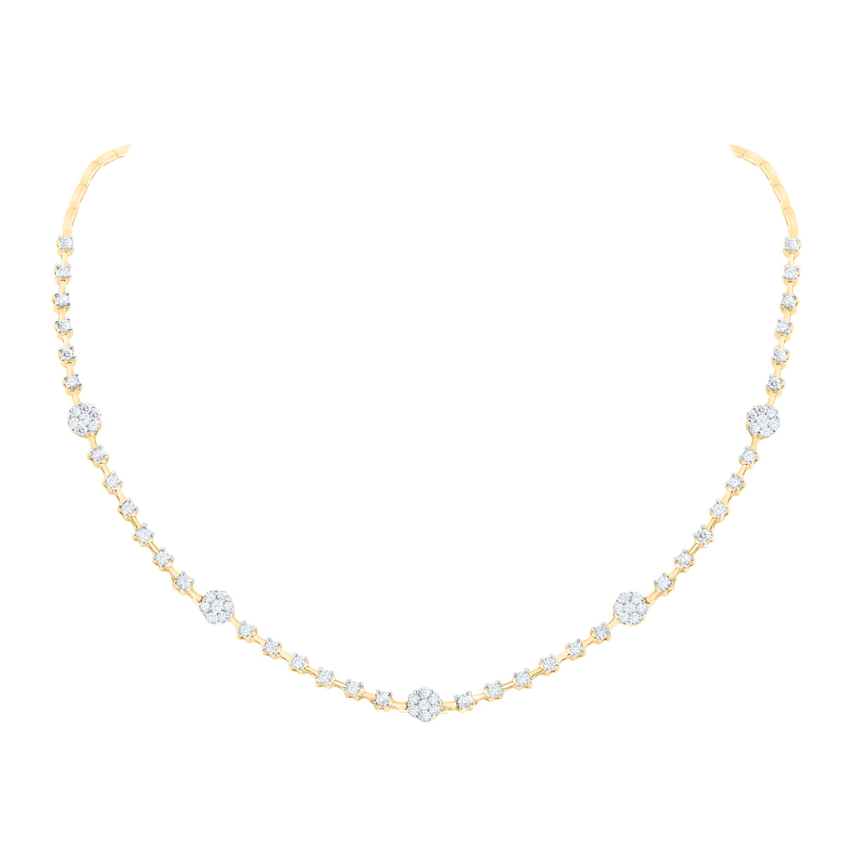 14K Yellow Gold Round Diamond Nke Flower Necklace (16 Inch) 2 Cttw - Splendid Jewellery