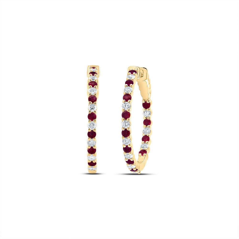 14K Yellow Gold Ruby Hoop Earrings 7/8 Cttw - Splendid Jewellery