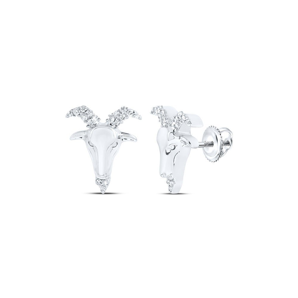 Aries Zodiac Goat Stud Earrings in 10kt White Gold with Round Diamonds (1/10 Cttw) - Splendid Jewellery