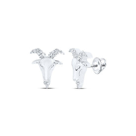 Aries Zodiac Goat Stud Earrings in 10kt White Gold with Round Diamonds (1/10 Cttw) - Splendid Jewellery