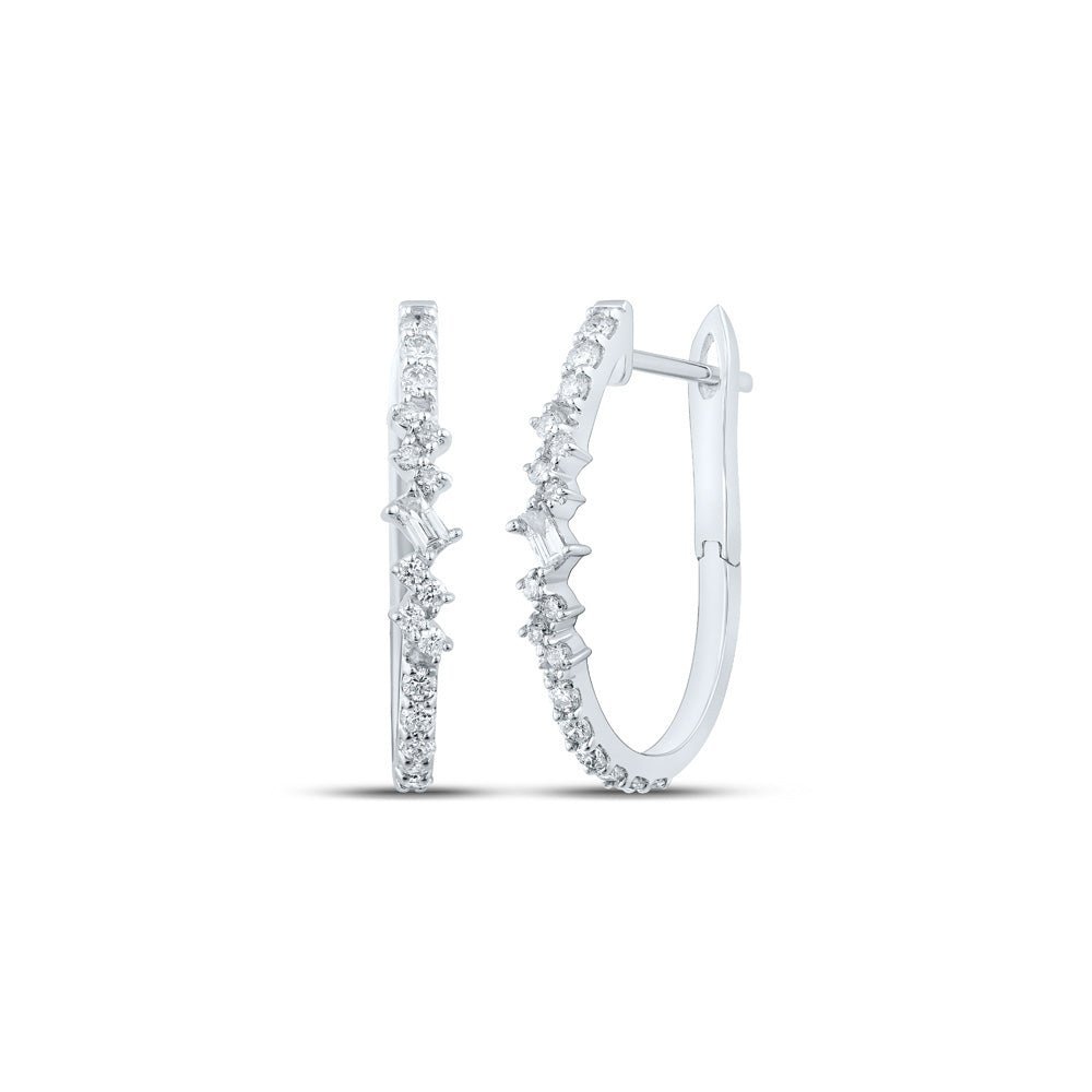 Baguette Brilliance: 10kt White Gold Womens Diamond Hoop Earrings - Splendid Jewellery