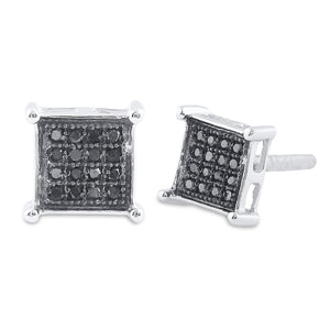 Black Diamond Square Cluster Men's Earrings in Sterling Silver - 1/10 Cttw - Splendid Jewellery