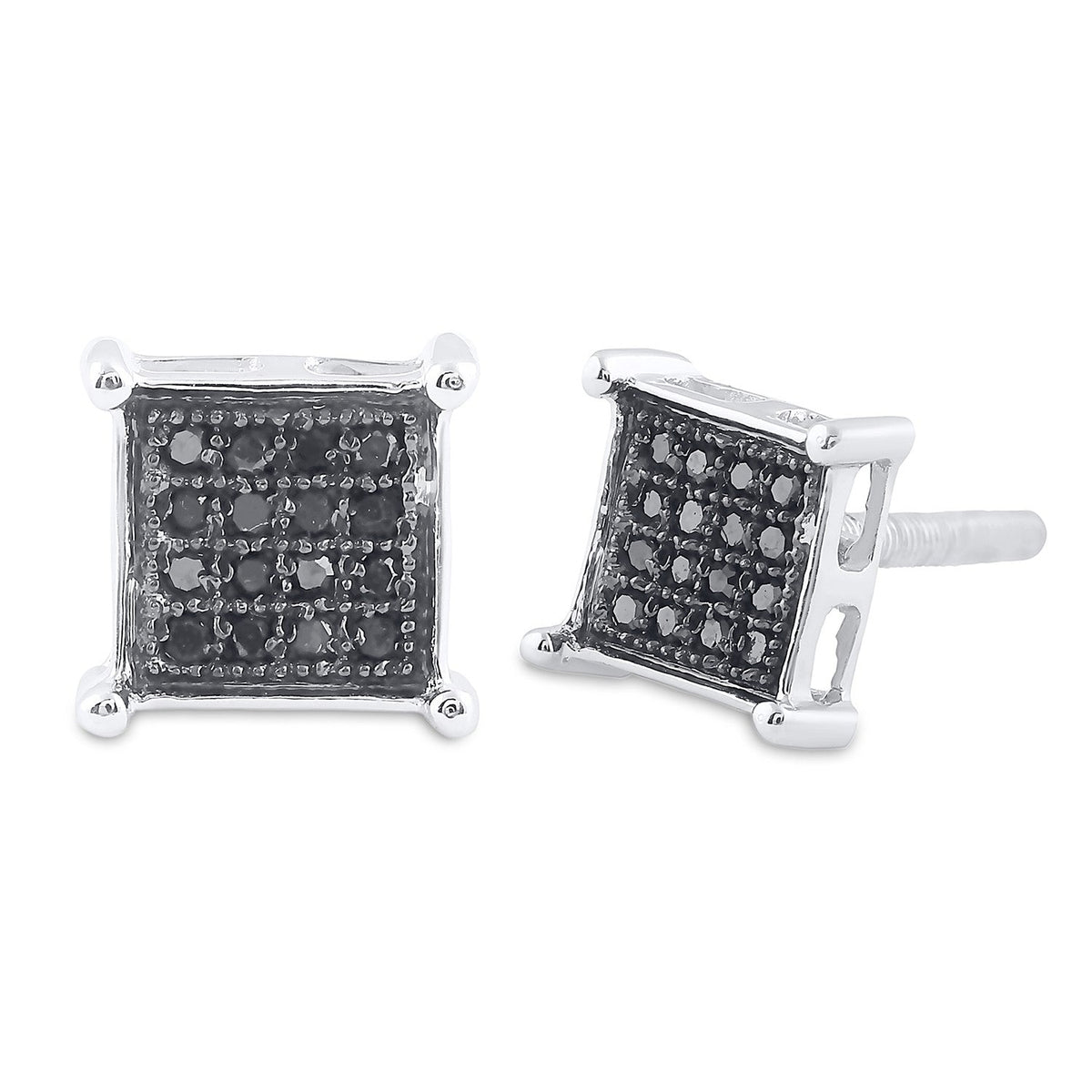 Black Diamond Square Cluster Men's Earrings in Sterling Silver - 1/10 Cttw - Splendid Jewellery