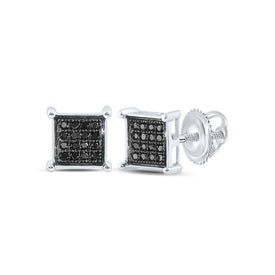 Black Diamond Square Cluster Men's Earrings in Sterling Silver - 1/10 Cttw  Top View from Splendid Jewellery