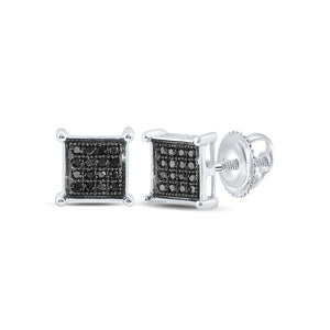 Black Diamond Square Cluster Men's Earrings in Sterling Silver - 1/10 Cttw - Splendid Jewellery