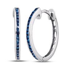 Load image into Gallery viewer, Blue Diamond Delight: 10k White Gold Enhanced Round Diamond Womens Slender Hoop Earrings  Top View from Splendid Jewellery