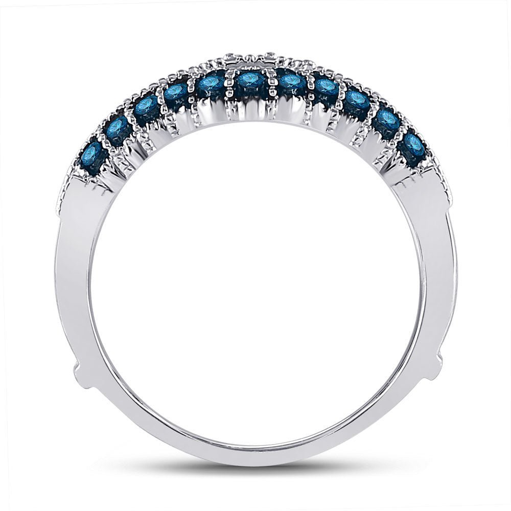 Blue Diamond Elegance: 14kt White Gold Womens Round Blue Color Enhanced Diamond Wrap Enhancer Wedding Band 1/3 Cttw - Splendid Jewellery