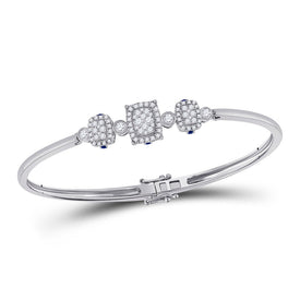 14kt White Gold Triple Cluster Bangle Bracelet with Round Diamonds and Blue Sapphire - Top View
