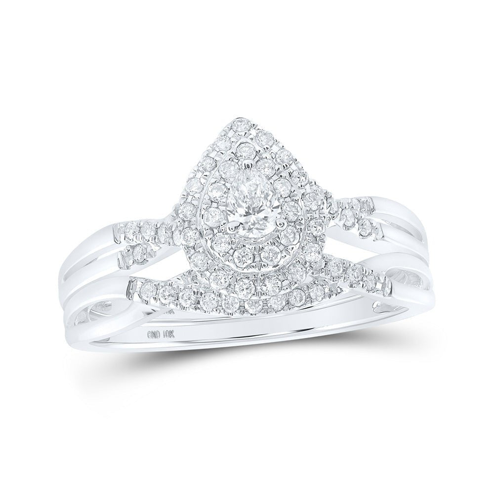 Captivating Brilliance: 10kt White Gold Pear Diamond Halo Bridal Wedding Ring Band Set 3/8 Cttw - Splendid Jewellery