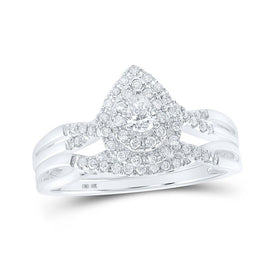 Captivating Brilliance: 10kt White Gold Pear Diamond Halo Bridal Wedding Ring Band Set 3/8 Cttw - Splendid Jewellery