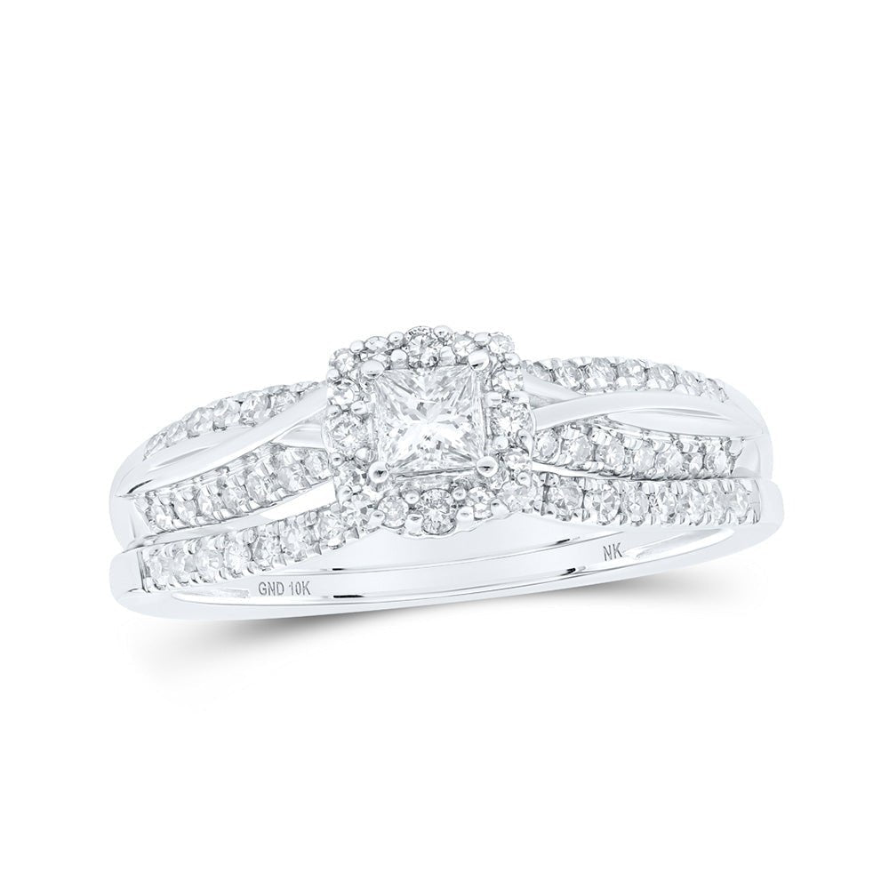 Captivating Brilliance: 10kt White Gold Princess Diamond Halo Bridal Wedding Ring Band Set - Splendid Jewellery