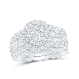 Captivating Brilliance: 10kt White Gold Round Diamond Cluster Bridal Wedding Ring Band Set - Splendid Jewellery
