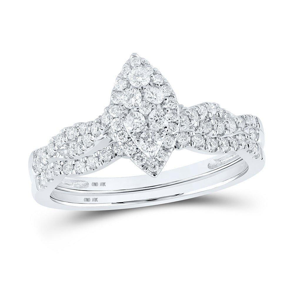 Captivating Brilliance: 10kt White Gold Round Diamond Cluster Bridal Wedding Ring Band Set - Splendid Jewellery