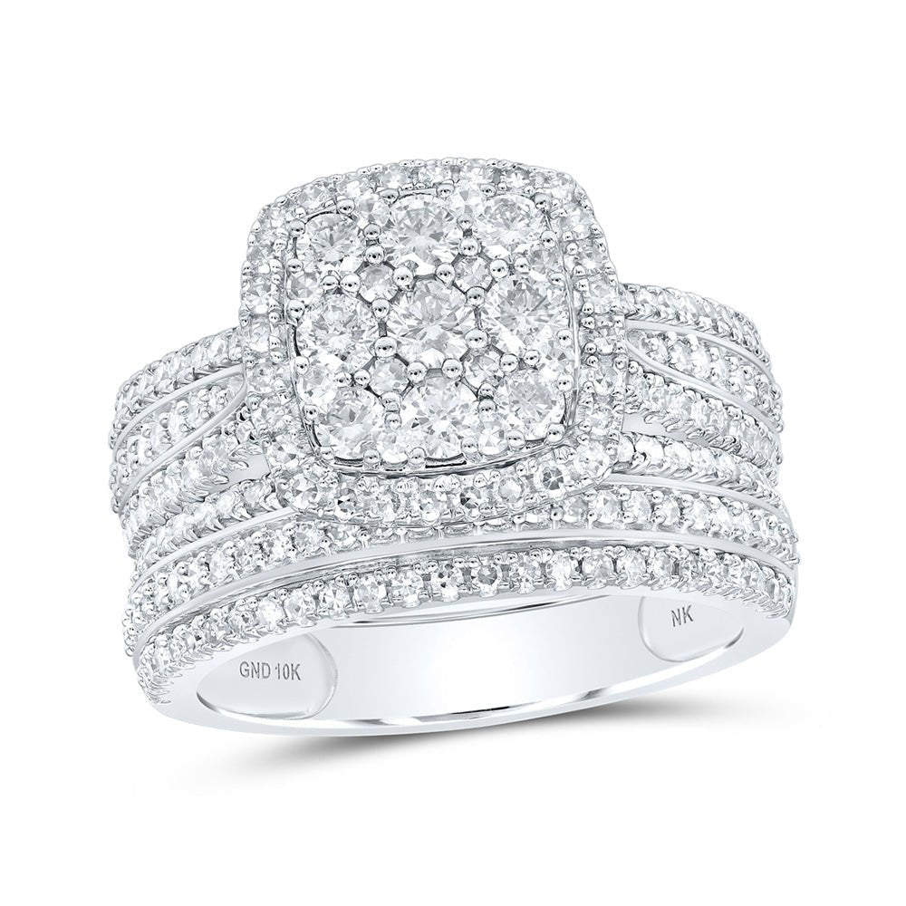 Captivating Brilliance: 10kt White Gold Round Diamond Square Cluster Bridal Wedding Ring Band Set 1 - 1/2 Cttw - Splendid Jewellery