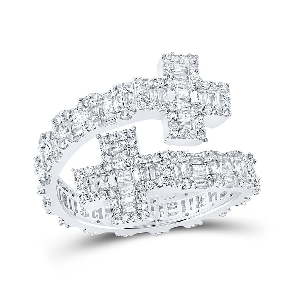 Captivating Brilliance | 10kt White Gold Women's Round Diamond Cross Cuff Band Ring 1 Cttw - Splendid Jewellery