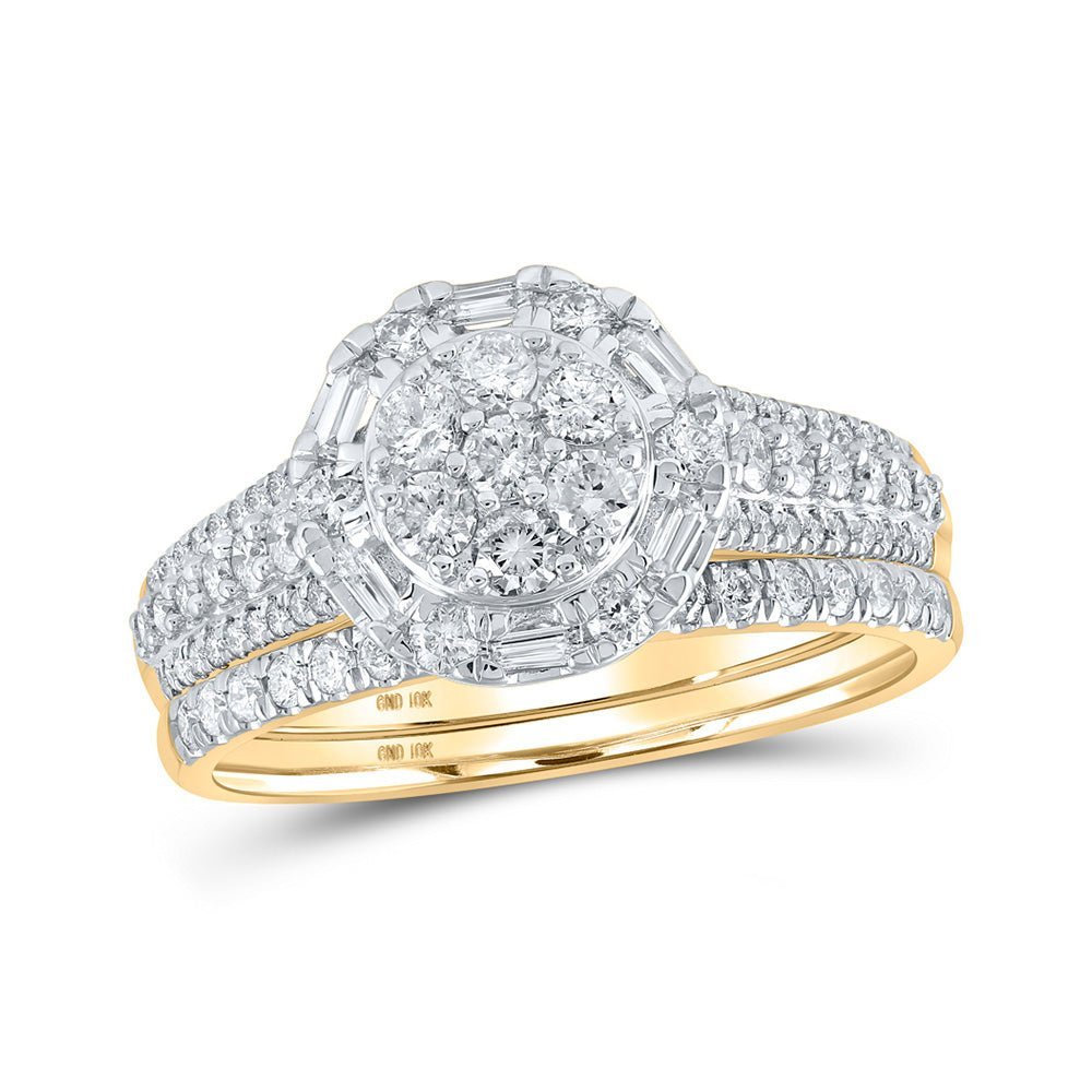 Captivating Brilliance: 10kt Yellow Gold Diamond Halo Cluster Bridal Wedding Ring Band Set - Splendid Jewellery