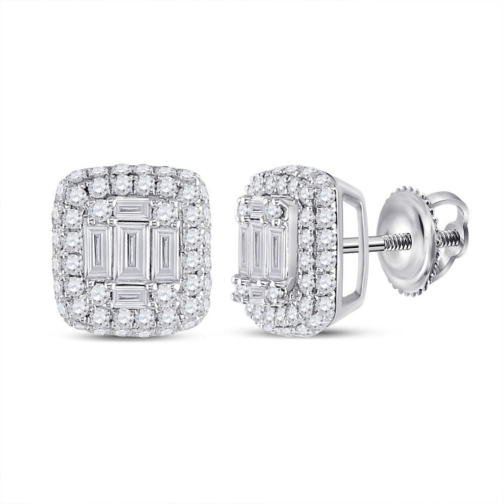 Captivating Brilliance: 14kt White Gold Baguette Diamond Cluster Earrings 1 Cttw - Splendid Jewellery