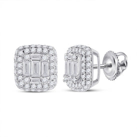 Captivating Brilliance: 14kt White Gold Baguette Diamond Cluster Earrings 1 Cttw - Splendid Jewellery