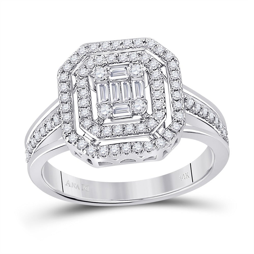 Captivating Brilliance: 14kt White Gold Baguette Diamond Octagon Cluster Ring 1/2 Cttw - Splendid Jewellery