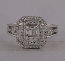 Captivating Brilliance: 14kt White Gold Baguette Diamond Octagon Cluster Ring 1/2 Cttw - Front View