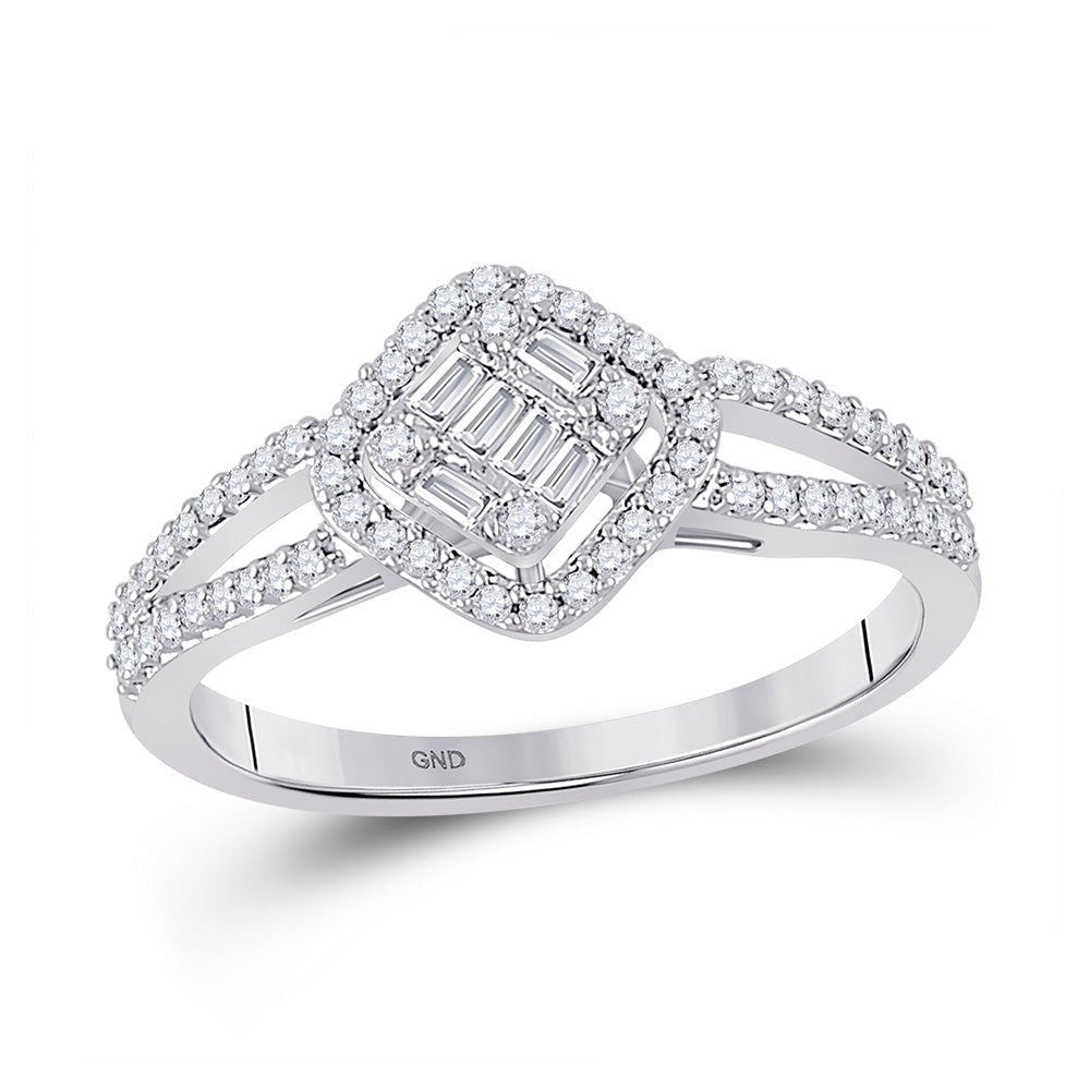 Captivating Brilliance: 14kt White Gold Baguette Diamond Offset Square Cluster Ring - Splendid Jewellery