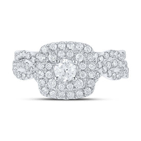 Captivating Brilliance: 14kt White Gold Diamond Halo Bridal Wedding Ring Band Set - Front View