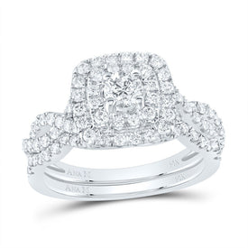 Captivating Brilliance: 14kt White Gold Diamond Halo Bridal Wedding Ring Band Set - Splendid Jewellery
