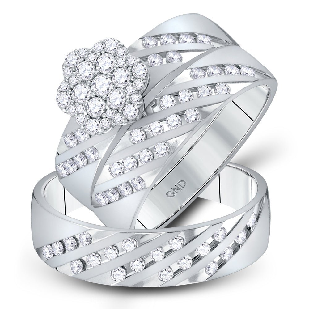 Captivating Brilliance: 14kt White Gold His Hers Round Diamond Cluster Matching Wedding Set 7/8 Cttw - Splendid Jewellery