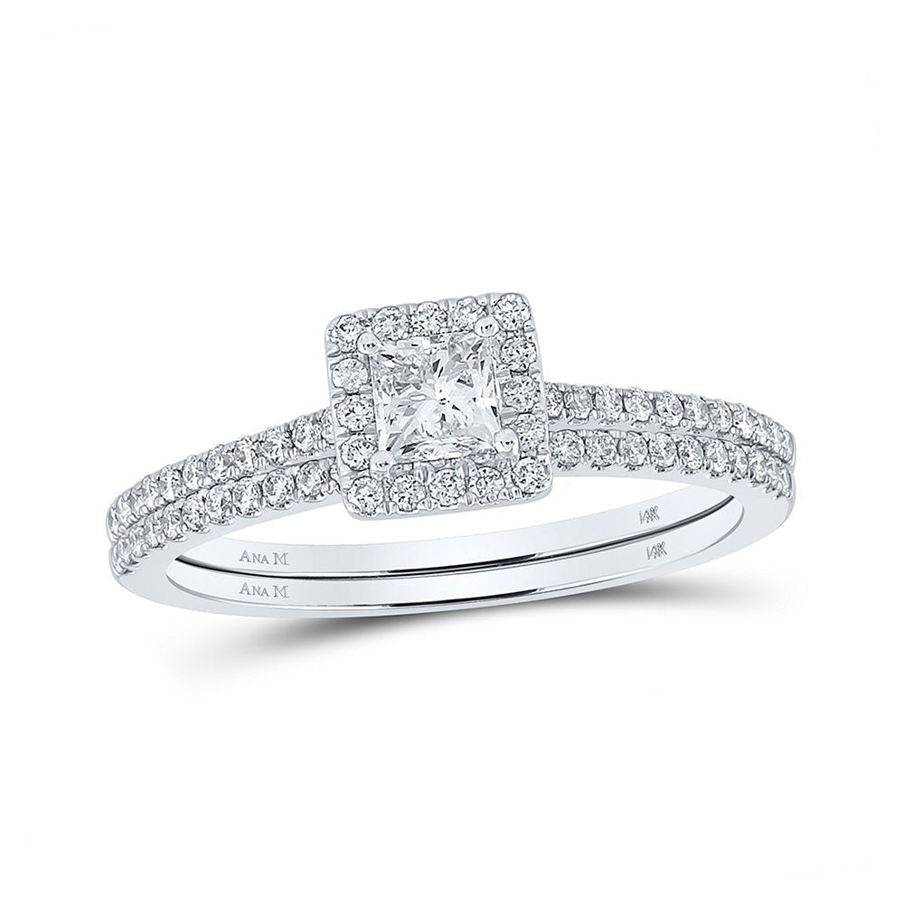 Captivating Brilliance: 14kt White Gold Princess Diamond Halo Bridal Wedding Ring Band Set 5/8 Cttw - Splendid Jewellery