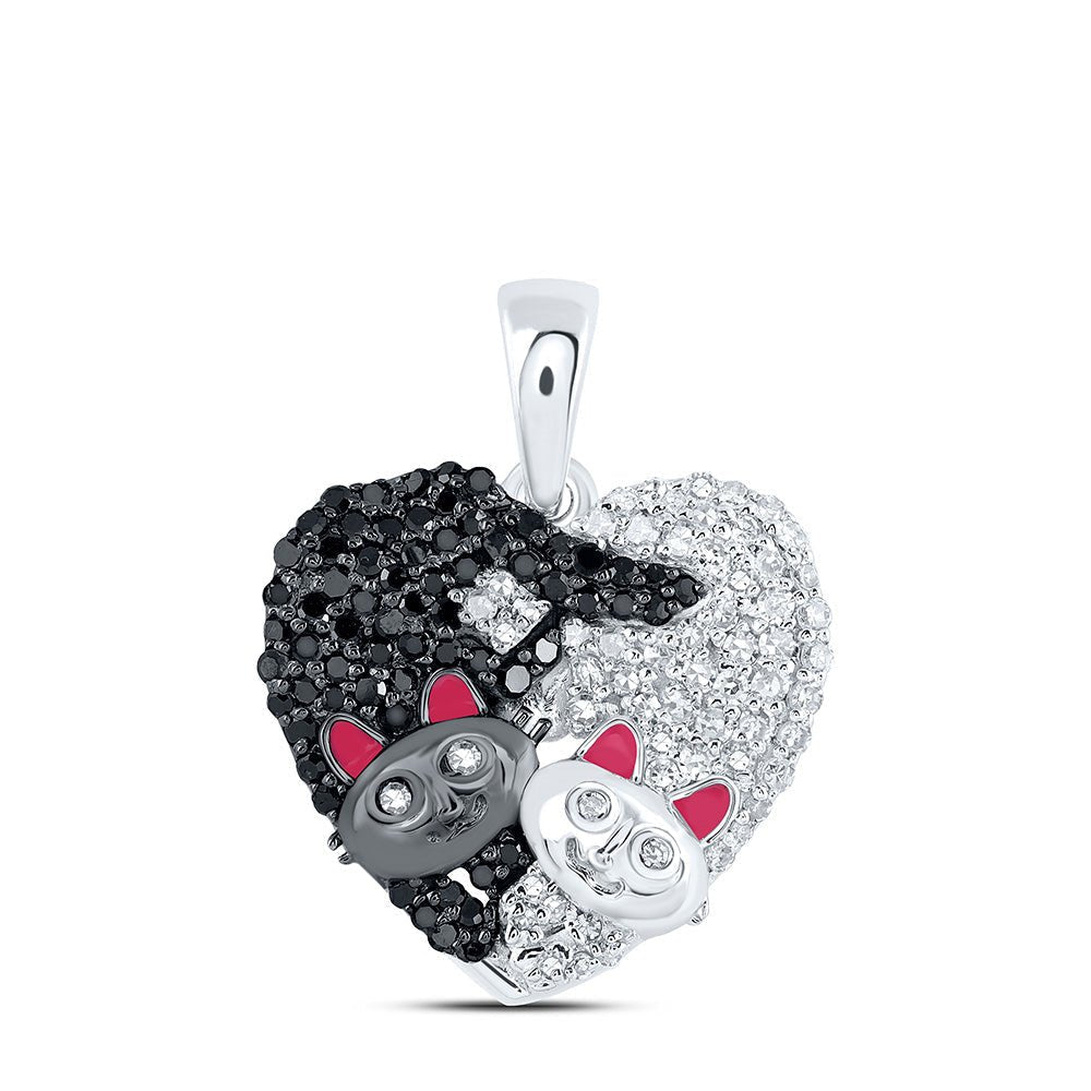Captivating Cat Love Pendant | 10kt White Gold Womens Round Black Diamond Heart Necklace 1/2 Cttw | Splendid Jewellery - Splendid Jewellery