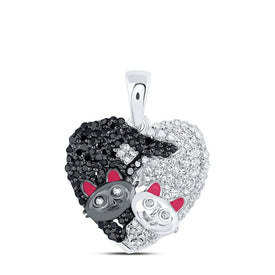 Captivating Cat Love Pendant | 10kt White Gold Womens Round Black Diamond Heart Necklace 1/2 Cttw | Splendid Jewellery - Splendid Jewellery