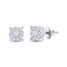 Load image into Gallery viewer, Captivating Cluster Brilliance: 14kt White Gold Womens Round Diamond Earrings 1/3 Cttw - Side View