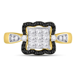 Captivating Cluster of Brilliance: 10kt Yellow Gold Womens Round Black Diamond Cluster Ring - Splendid Jewellery