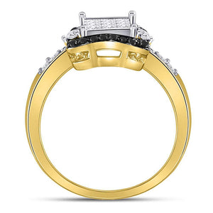 Captivating Cluster of Brilliance: 10kt Yellow Gold Womens Round Black Diamond Cluster Ring - Splendid Jewellery