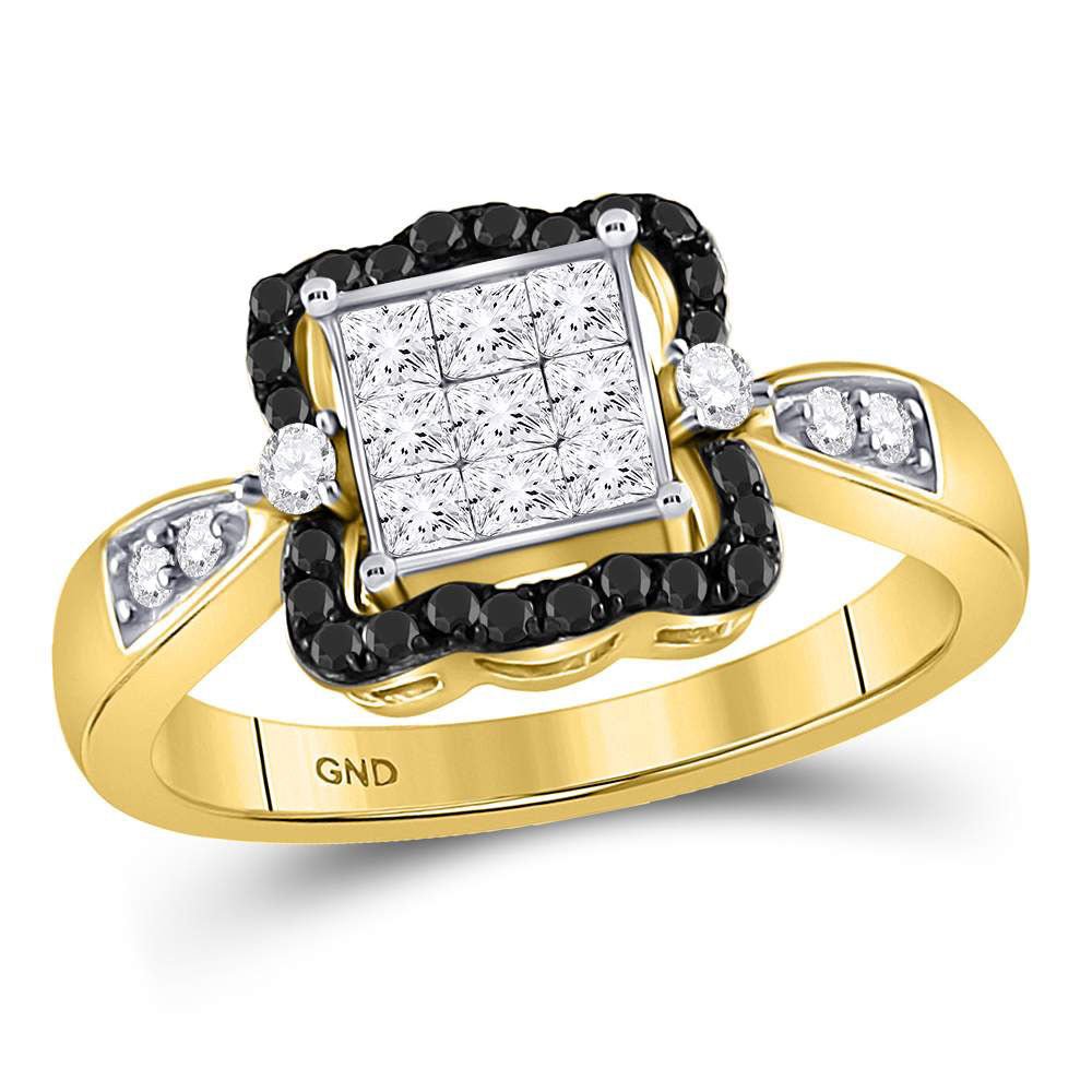 Captivating Cluster of Brilliance: 10kt Yellow Gold Womens Round Black Diamond Cluster Ring - Splendid Jewellery