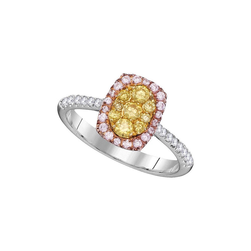 Captivating Cluster of Color: 14kt White Gold Womens Round Yellow Pink Diamond Cluster Ring - Splendid Jewellery