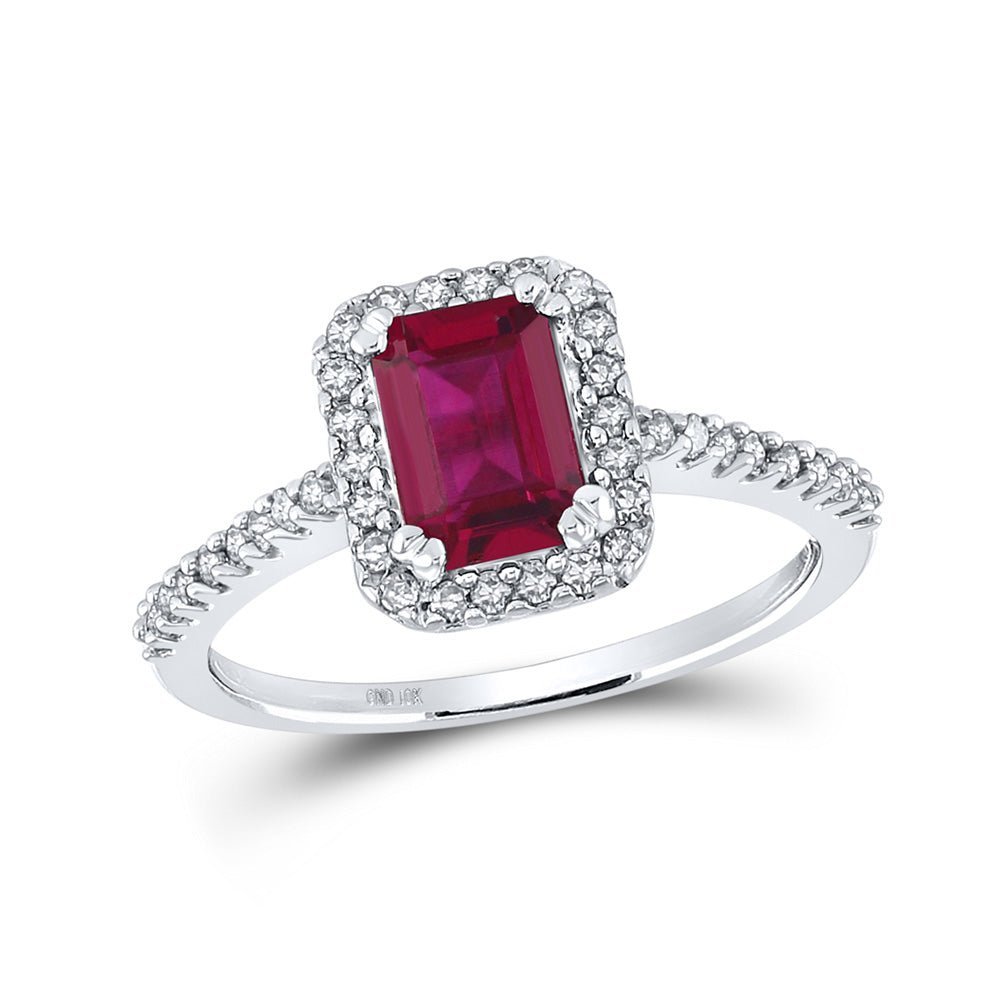 Captivating Crimson Splendor: 10kt White Gold Womens Emerald Lab - Created Ruby Solitaire Ring 1 - 3/4 Cttw - Splendid Jewellery