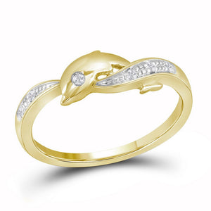 Captivating Dolphin Delight Ring | 10kt Yellow Gold Womens Round Diamond Two - tone Dolphin Fish Animal Ring 1/20 Cttw - Splendid Jewellery