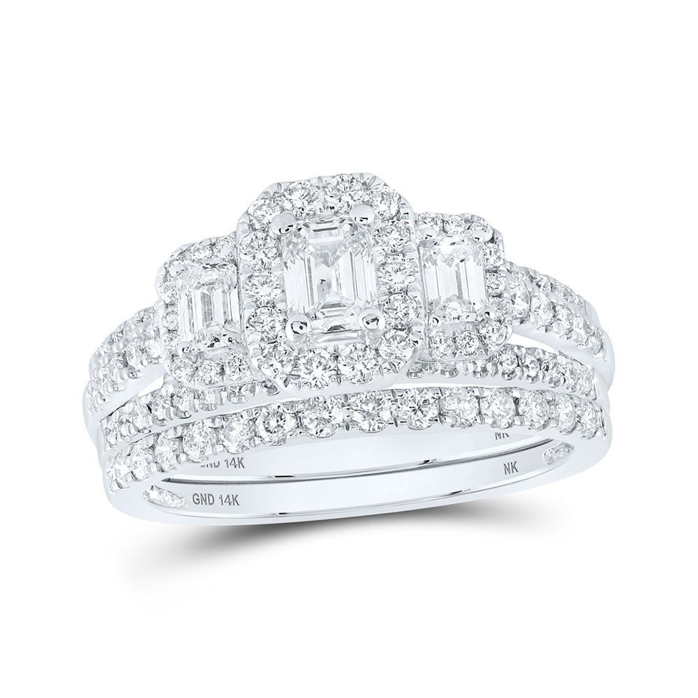 Captivating Elegance: 14kt White Gold Emerald Diamond 3 - Stone Halo Bridal Wedding Ring Band Set 1 - 1/2 Cttw - Splendid Jewellery
