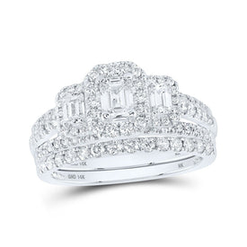 Captivating Elegance: 14kt White Gold Emerald Diamond 3 - Stone Halo Bridal Wedding Ring Band Set 1 - 1/2 Cttw - Splendid Jewellery