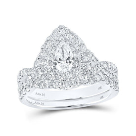 Captivating Elegance: 14kt White Gold Pear Diamond Halo Bridal Wedding Ring Band Set 1 - 1/2 Cttw - Splendid Jewellery