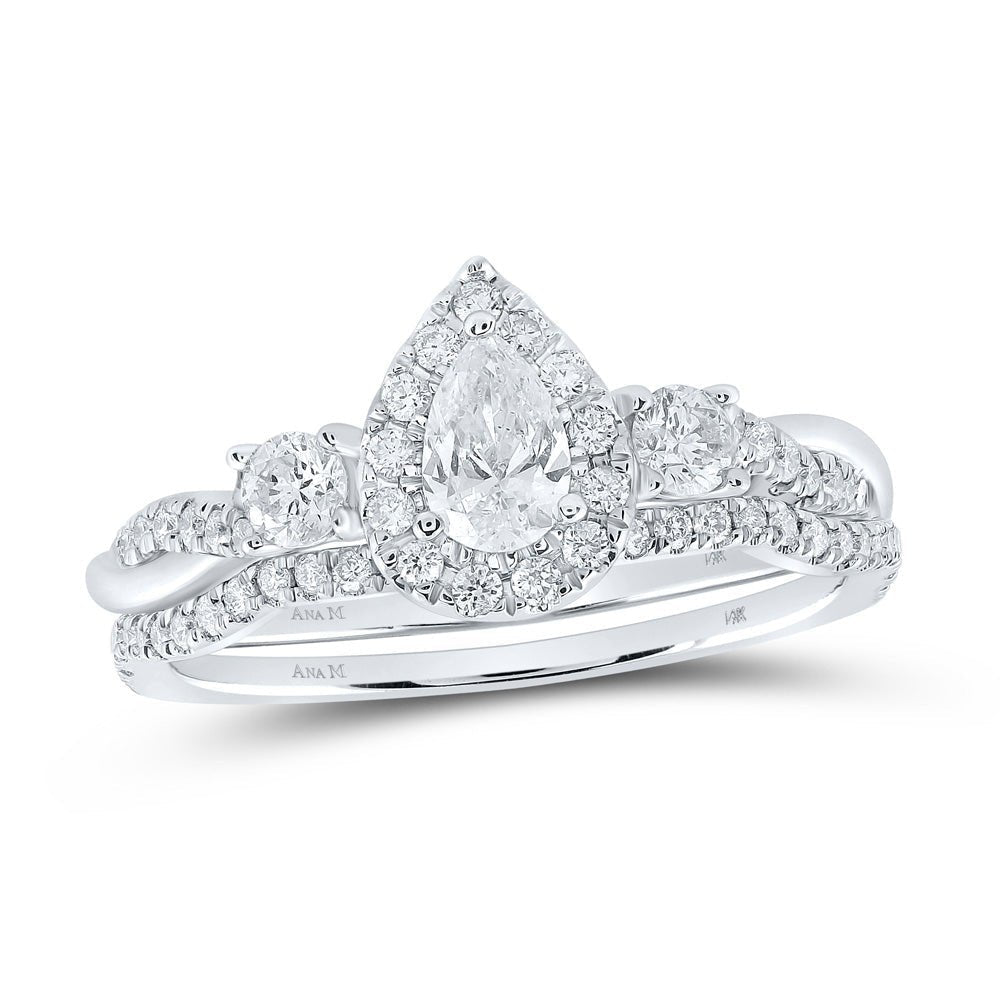 Captivating Elegance: 14kt White Gold Pear Diamond Halo Bridal Wedding Ring Band Set - Splendid Jewellery