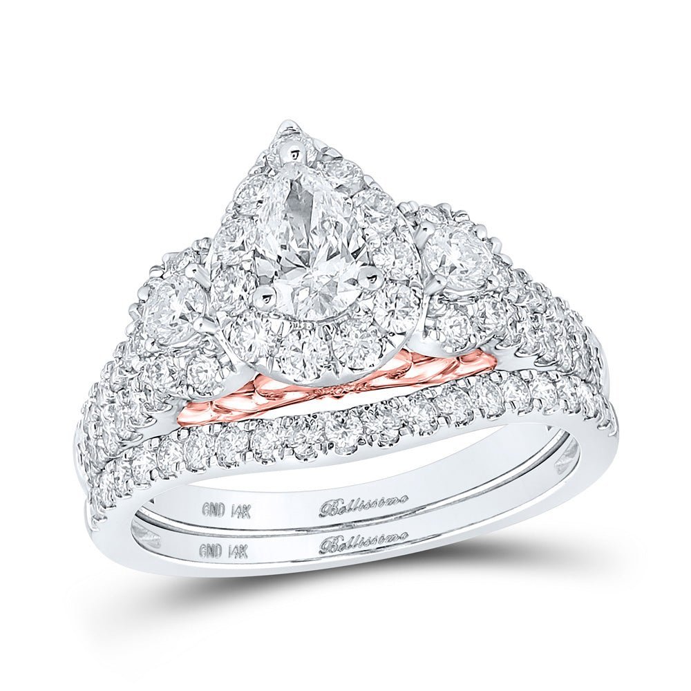 Captivating Elegance: Two - Tone Gold Pear Diamond Halo Bridal Wedding Ring Band Set - Splendid Jewellery