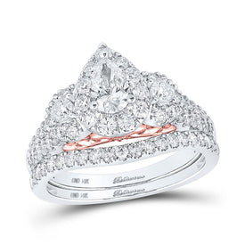 Captivating Elegance: Two - Tone Gold Pear Diamond Halo Bridal Wedding Ring Band Set - Splendid Jewellery