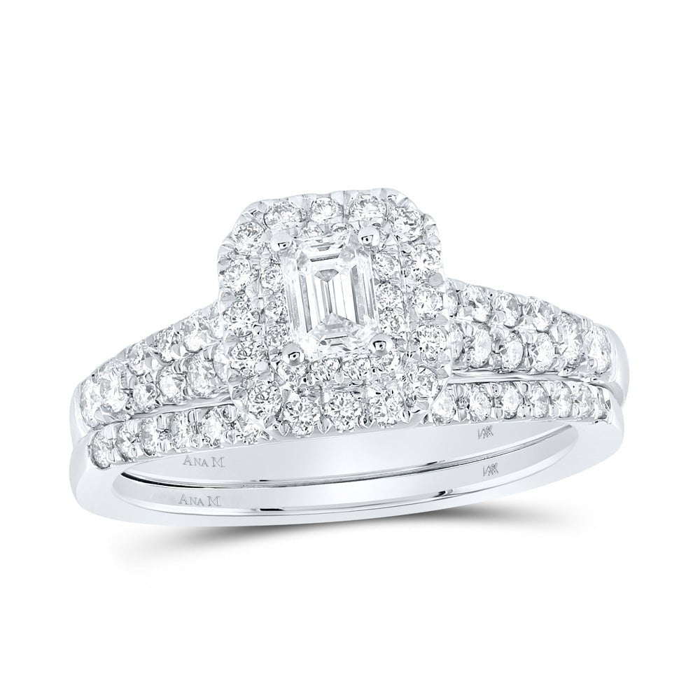 Captivating Emerald Diamond Halo Bridal Wedding Ring Band Set in 14kt White Gold - Splendid Jewellery