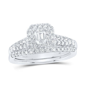 Captivating Emerald Diamond Halo Bridal Wedding Ring Band Set in 14kt White Gold - Splendid Jewellery